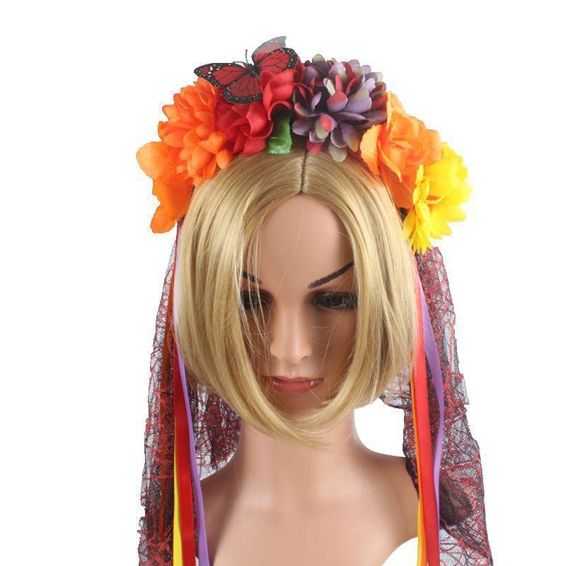 Artificial Veil Headband Halloween Headband Wreath Rose Streamer Headdress Rose Red Yarn Headband decoration