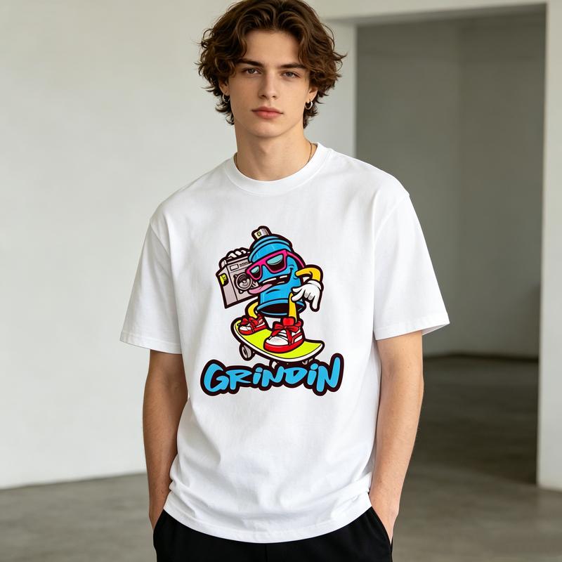 Grindin Skater Graphic T Shirt Funny Cartoon Character Print Unisex Soft Cotton Crew Neck Short Sleeve Trendy Casual Tops