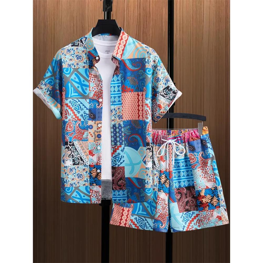 2024 New Men's Beach Wear 2-Piece Quick Drying Hawaiian Shirt and Shorts Set Summer Men's Fashion Striped Print Casual Wear