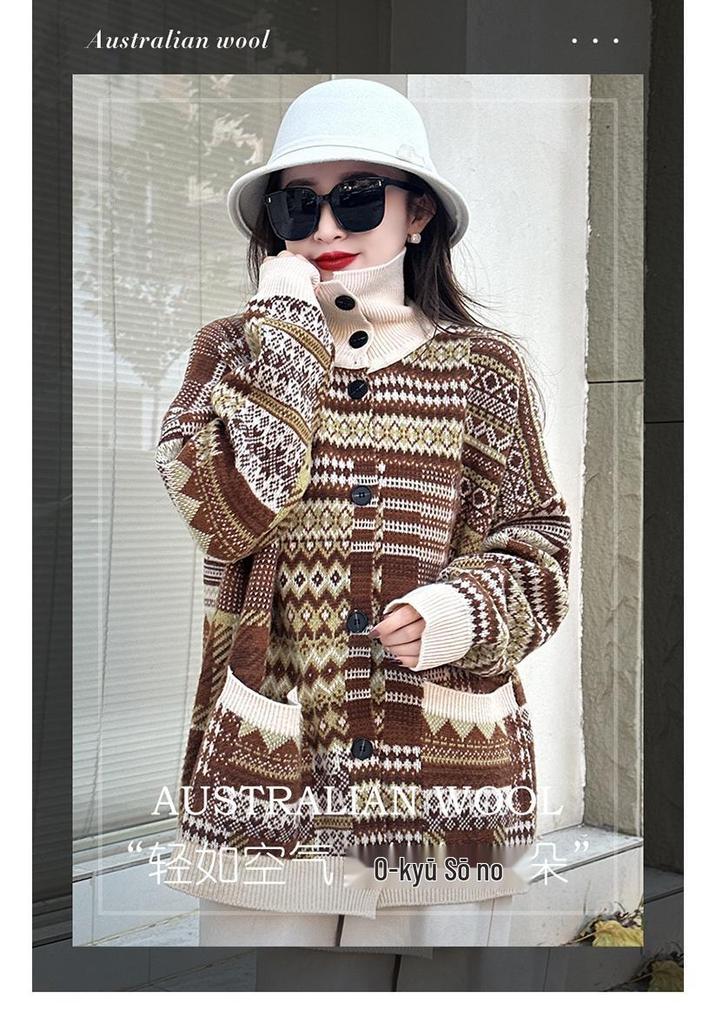 2025 Autumn/Winter Women's Japanese Retro Ethnic Knit Cardigan - Mid-Length, Printed, Comfortable Lazy Style Knitwear