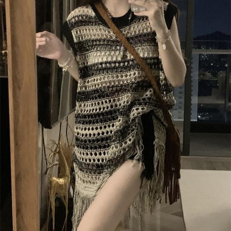 Medium To Long Tassel Top for Women with A Niche Retro Design Hollowed Out Sleeveless Vest Summer Contrasting Stripes