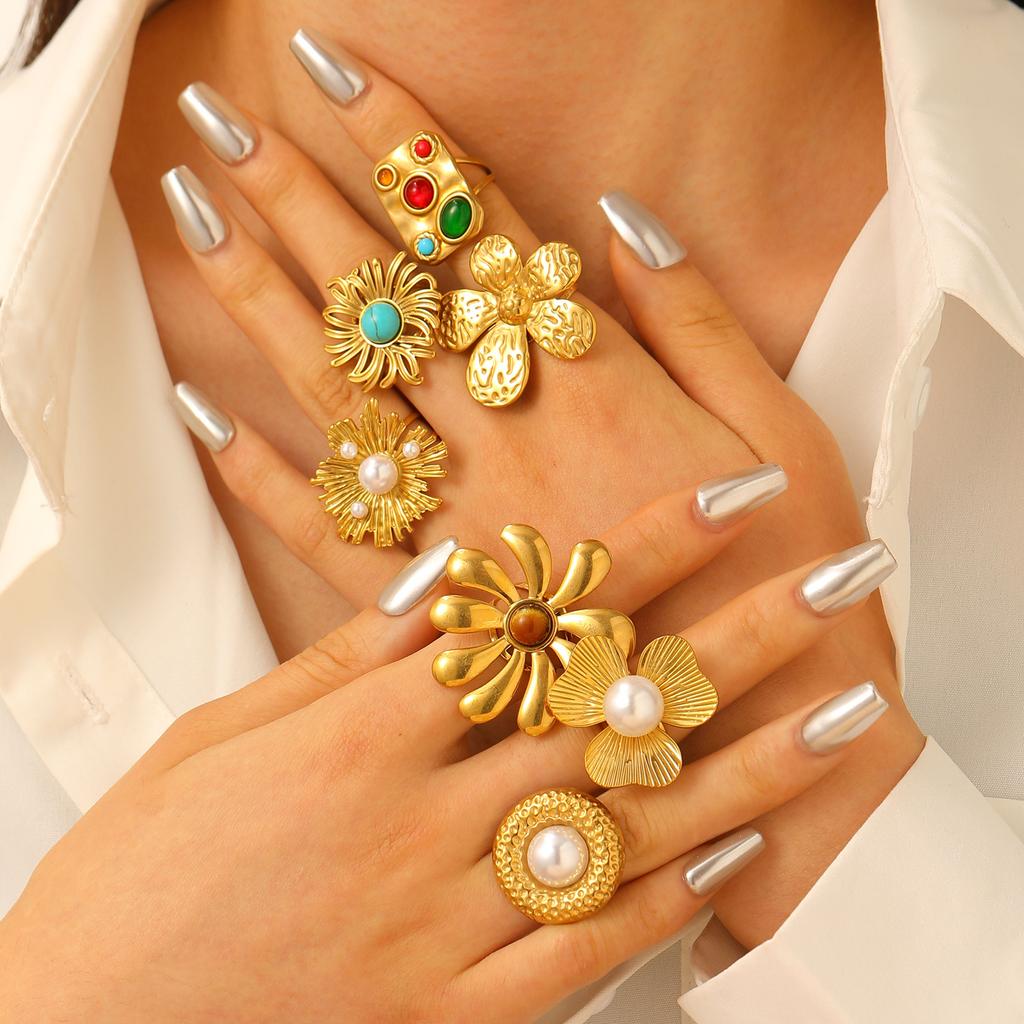 Stainless Steel Classic Flower Leaf Ring Pearl Stacked Ring Large Exaggerated Ring Women Gold Color Fine Jewelry Gifts for Her