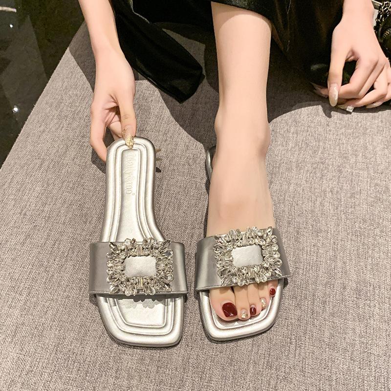 Rhinestone women's summer new slippers soft bottom soft surface fairy outer wear foot cover flat beach sandals