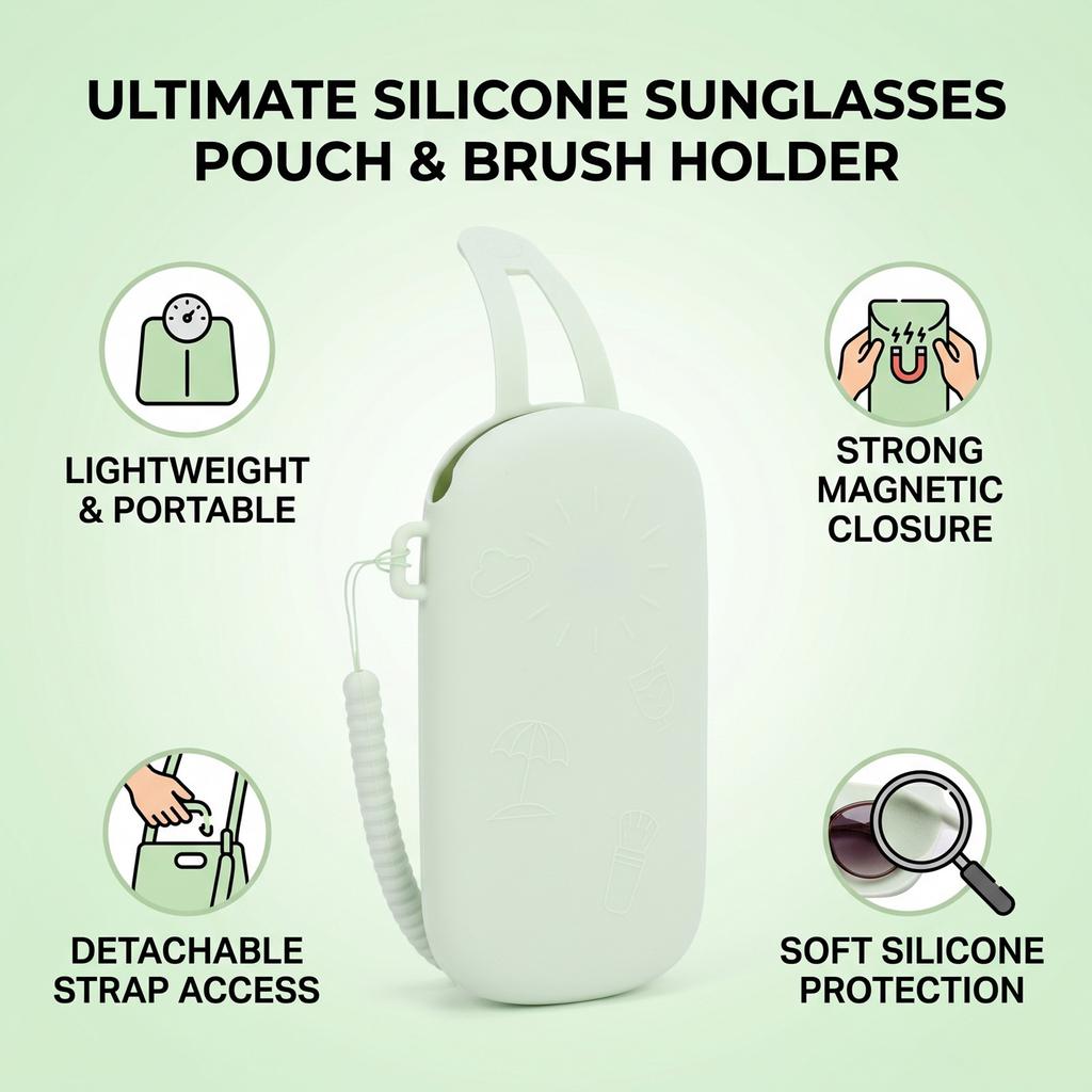 Sunglasses Pouch Magnetic Soft Portable Silicone Makeup Brush Pouch with Detachable Strap Green