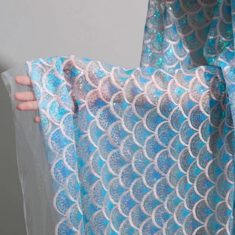 Shiny Sequin Fabric Mermaid Tail Embroidered Dreamy Color Net for Diy Sewing Dress Clothing Material 50x135cm
