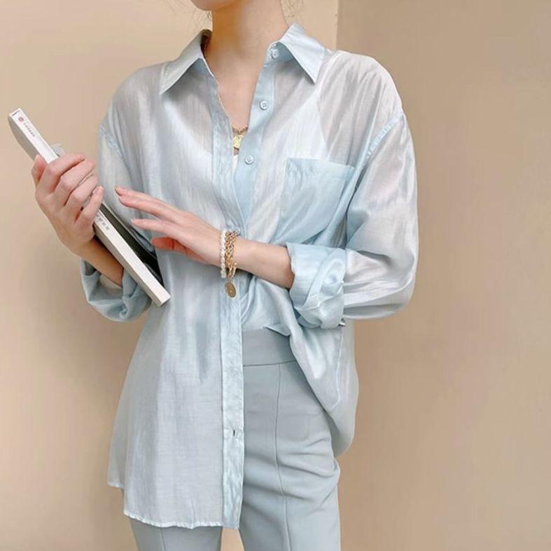 

Летняя рубашка с солнцезащитным кремом, длинный рукав, дышащий топ из ледяного шелка, женская свободная рубашка, тонкая XL синий
