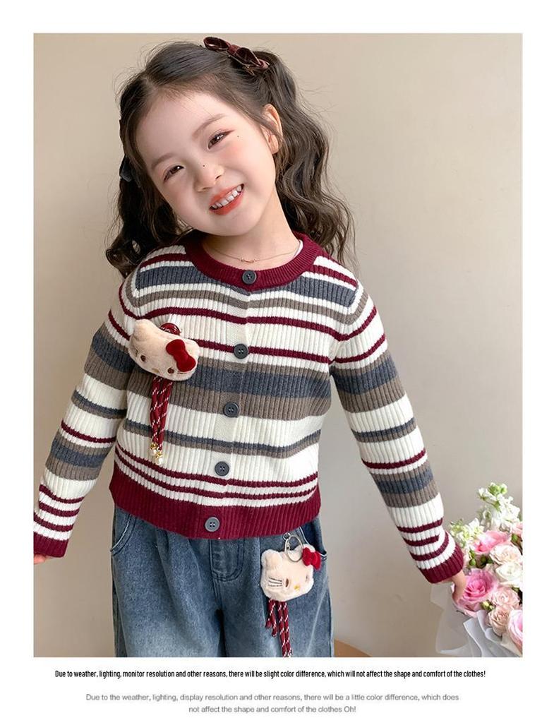 Girls' Korean Striped Cardigan & Baby Jeans Autumn Set 2025