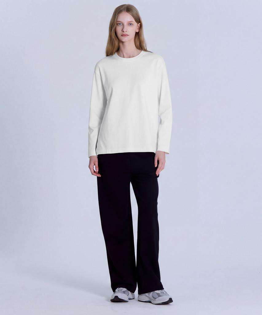 BASIC HOUSE Women'S 40-Count Relaxed Fit Crew Neck Long Sleeve T-Shirt Ivory Lats0207
