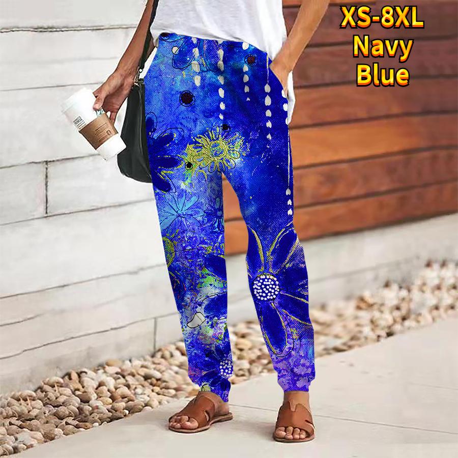 Women Flower Printing Pants Lace Up Elastic Waist Loose  Trousers Casual Long Pants Trousers with Pockets