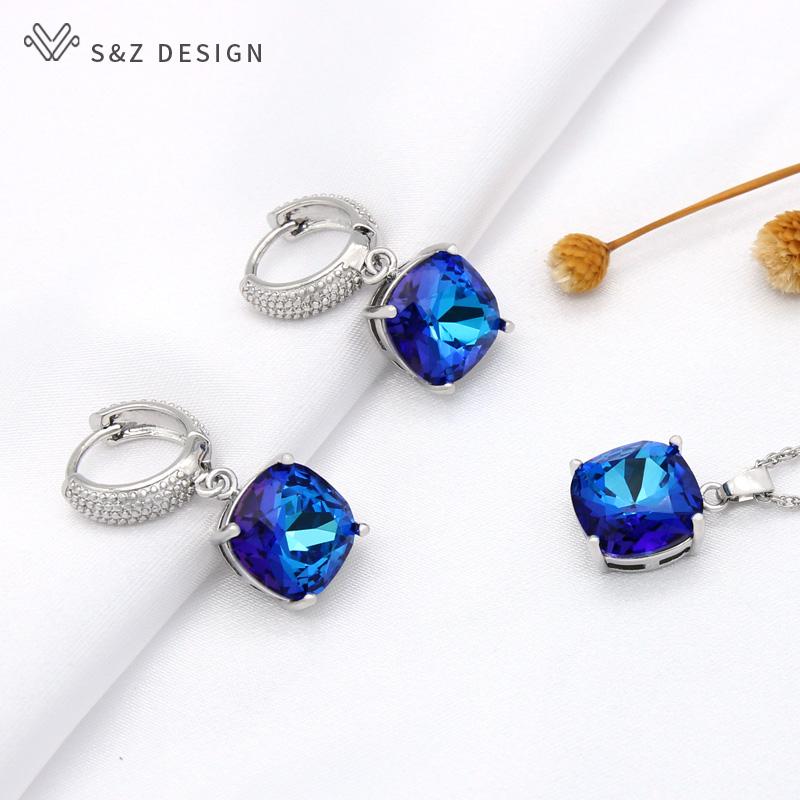 Fashion Colorful Square Crystal Drop Earrings Jewelry Sets For Women Wedding Pendant Necklace Gift