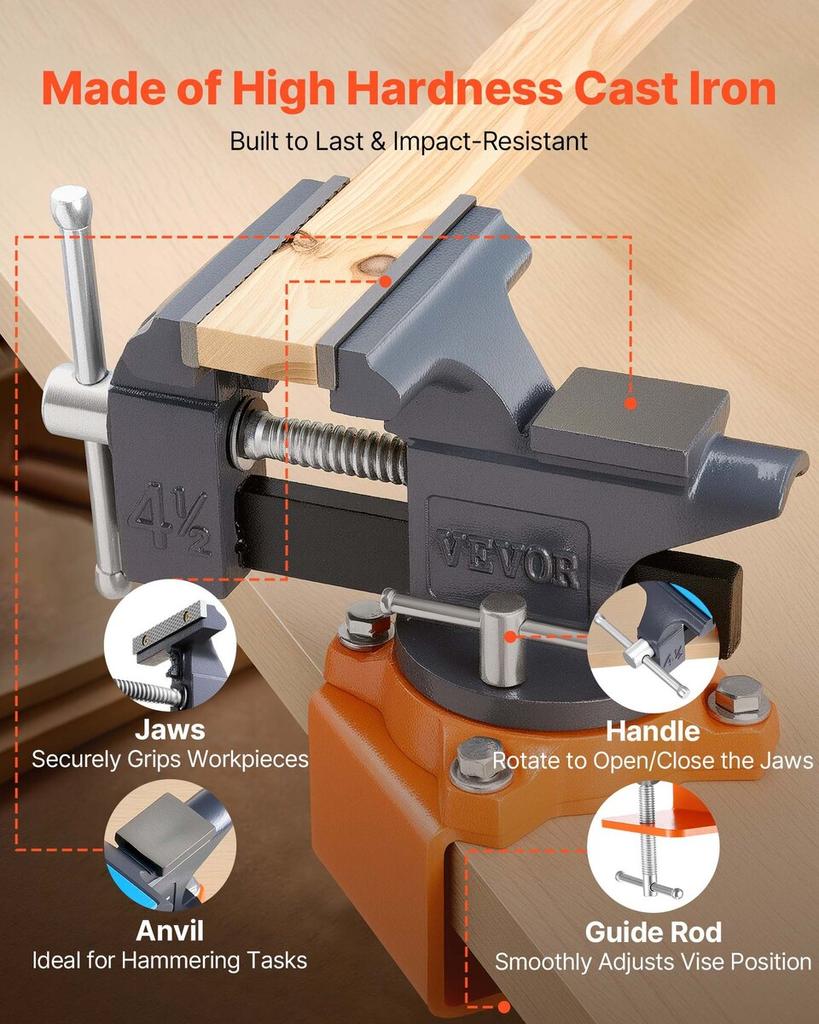 Bench Vise, 4.5 Inch, Portable Workbench Vice with 270° Swivel Base, Quick Release Rotating Bench Clamp, Cast Iron Construction, for Woodworking,