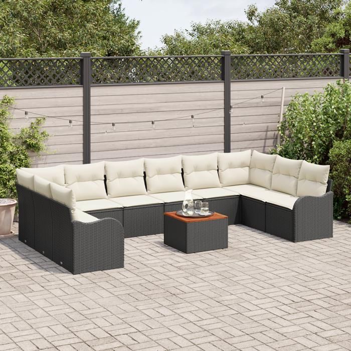 Set de canapés de jardin 11 pièces avec coussins noir rotin, Canapé de jardin 2 places avec rangement et coussins noir rotin 3356171