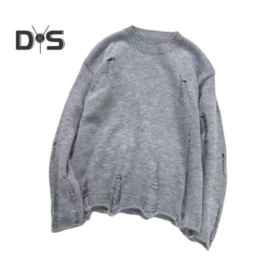 

Мужской свитер осень-зима с рваными отверстиями, однотонный, круглый вырез, вязаный ретро-японский стиль, средней длины, свободный, с длинным рукавом, мягкий, теплый, мужской свитер XXL светло-серый