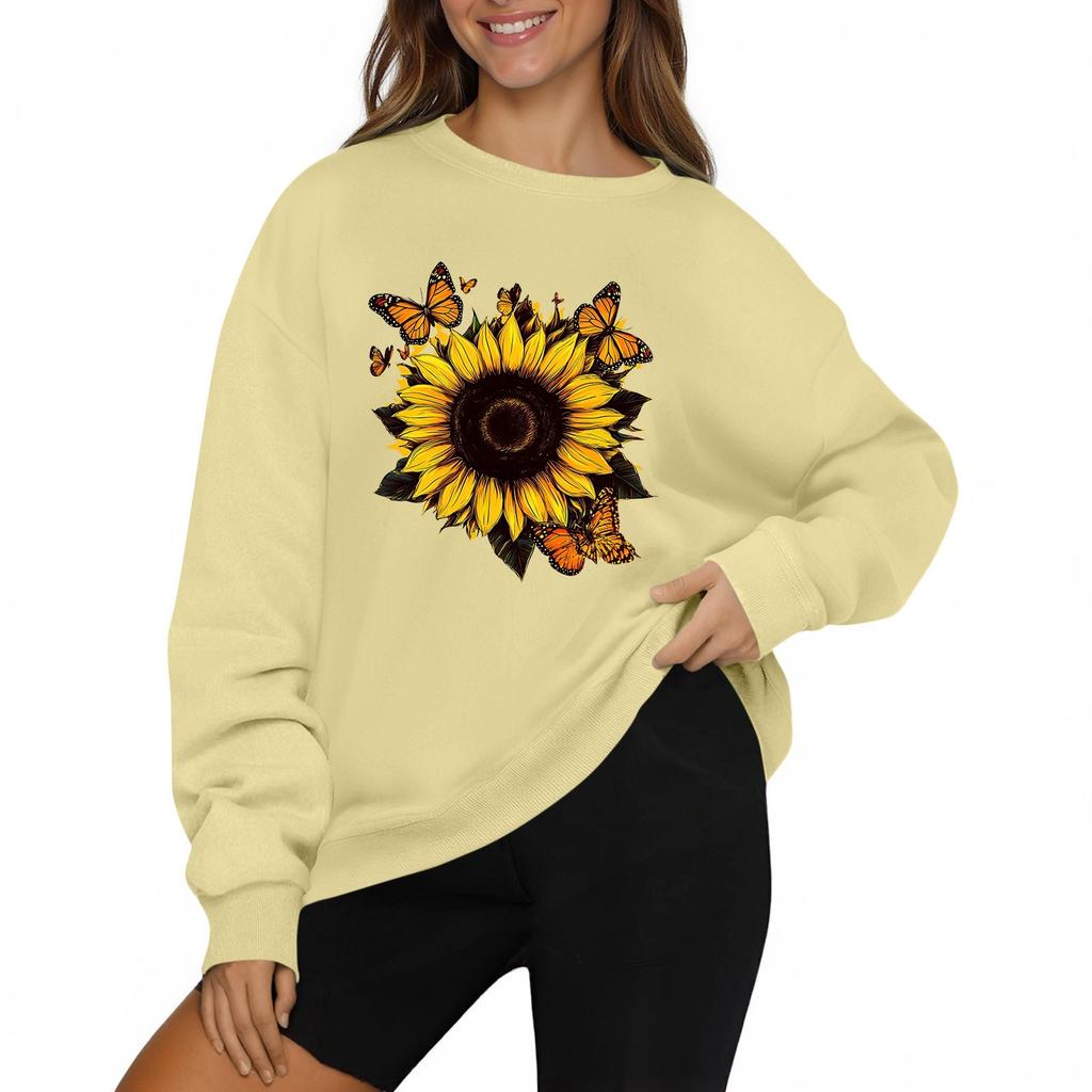 Sweat-shirt décontracté à manches longues et col rond pour femme, couleur unie, imprimé