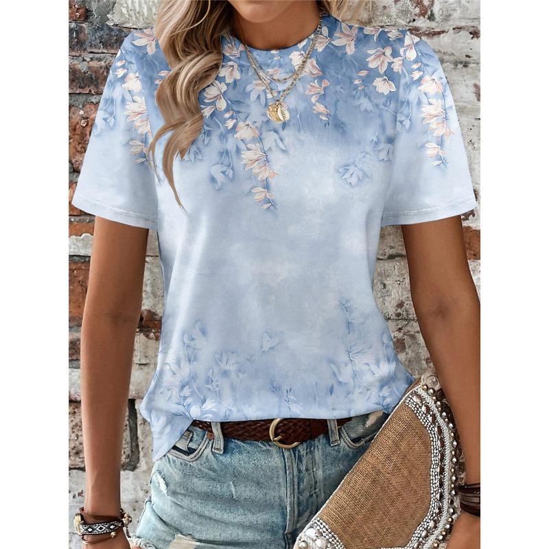 T-shirt d'été à manches courtes et col rond pour femme, imprimé floral 3D, décontracté et tendance