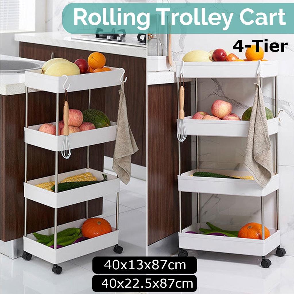 White 4-Tier Multifunction Kitchen Trolley Rack Wide Slim Space Saver Bathroom Kitchen Storage Shelf with Wheels PP And Steel