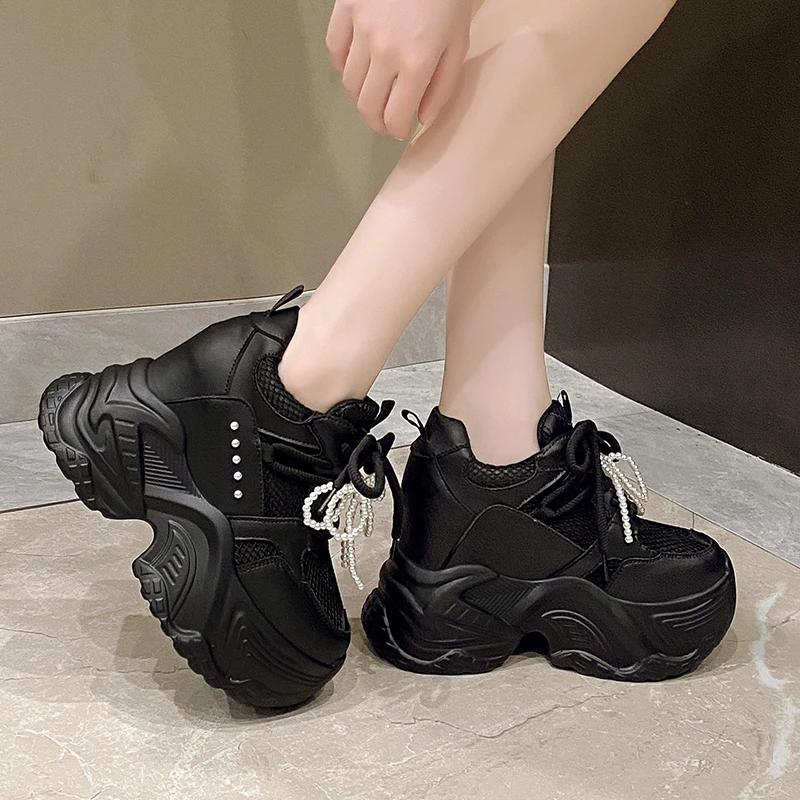 Fashion 10CM Women's Mesh Dad Shoes Thick Bottom Platform Sneakers New 2025 Summer Casual High Heel Sport Shoes Breathable Pearl Loafers