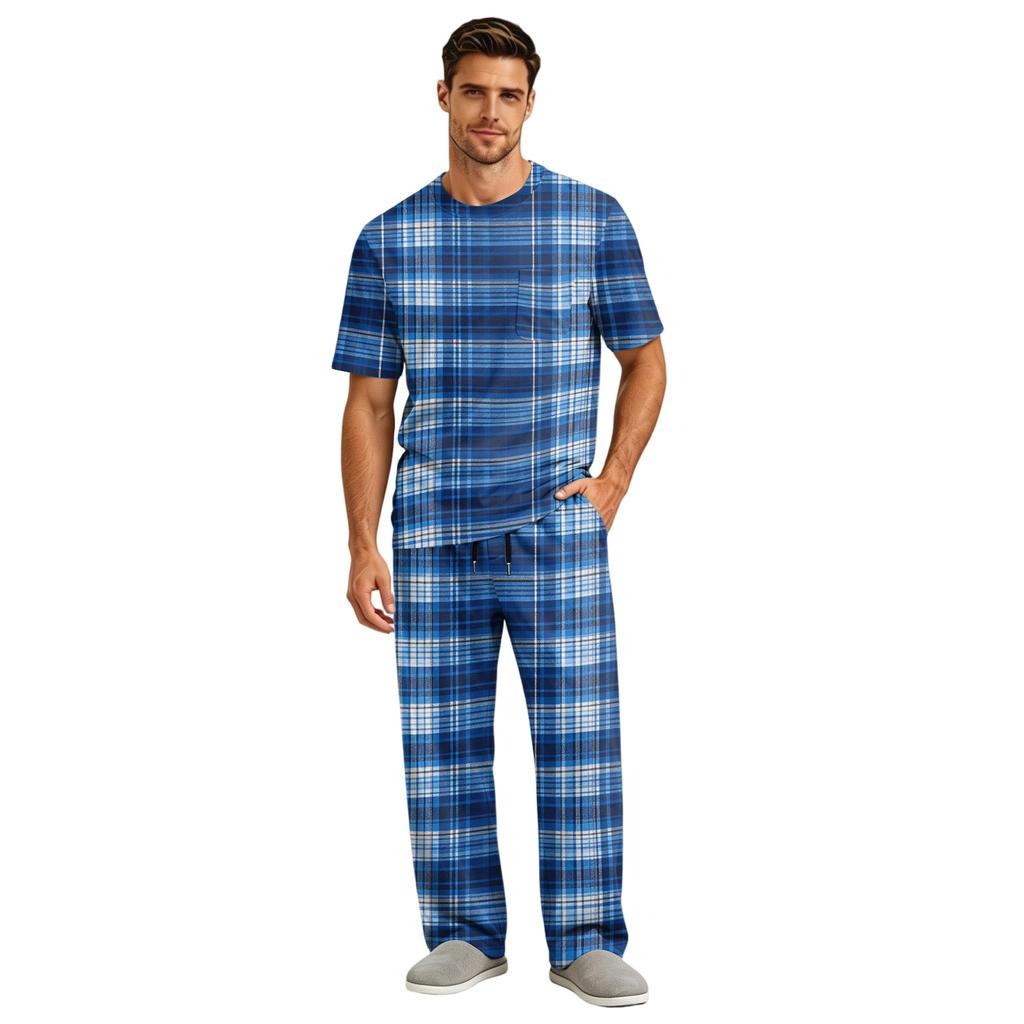 Men's Short Sleeve Pajama Set with Button Fly and Elastic Drawstring Waist for Sleepwear