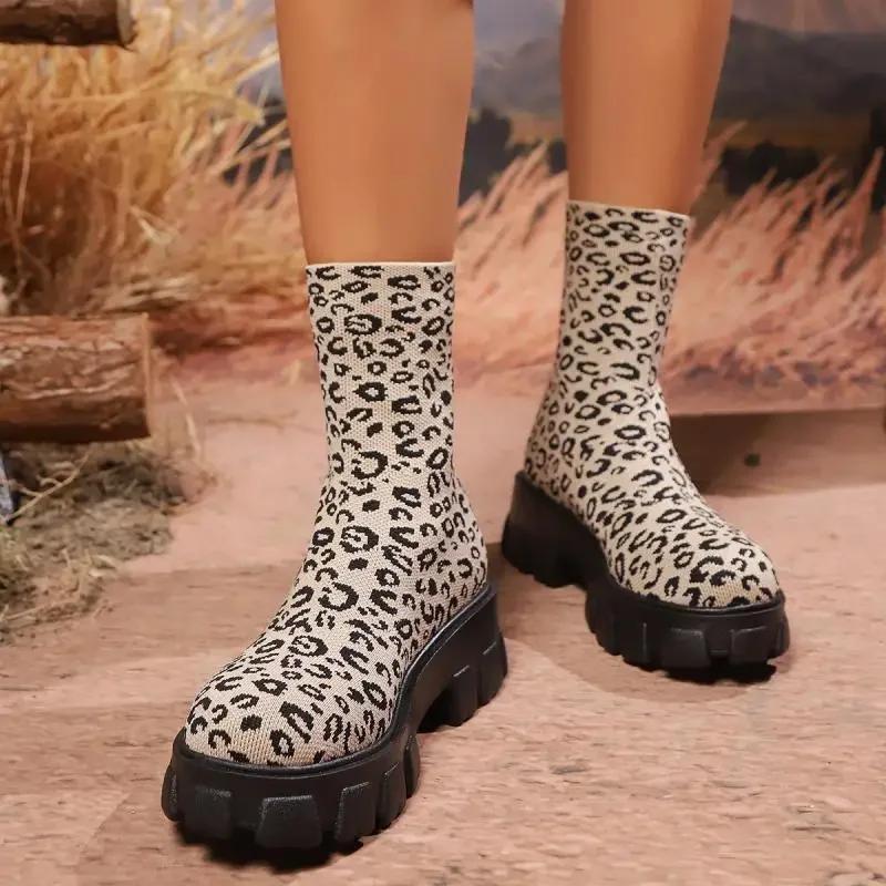 Leopard Thick Bottom Platform Ankle Boots Autumn New Stretch Fabric Non Slip Women Boots Comfort Back Zipper Woman Shoes