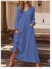 Women's V Neck Long Sleeve Maxi Dress Loose Fit Mid Waist Casual Flowy Shirt Dress Linen Cotton Fall Pleated Long Gown