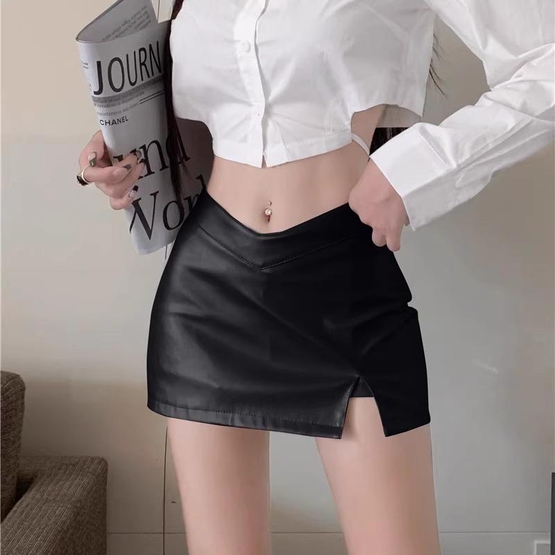 Spicy Girl V-Waist High-Waisted PU Leather Bodycon Mini Skirt With Side Slit - Hong Kong Style