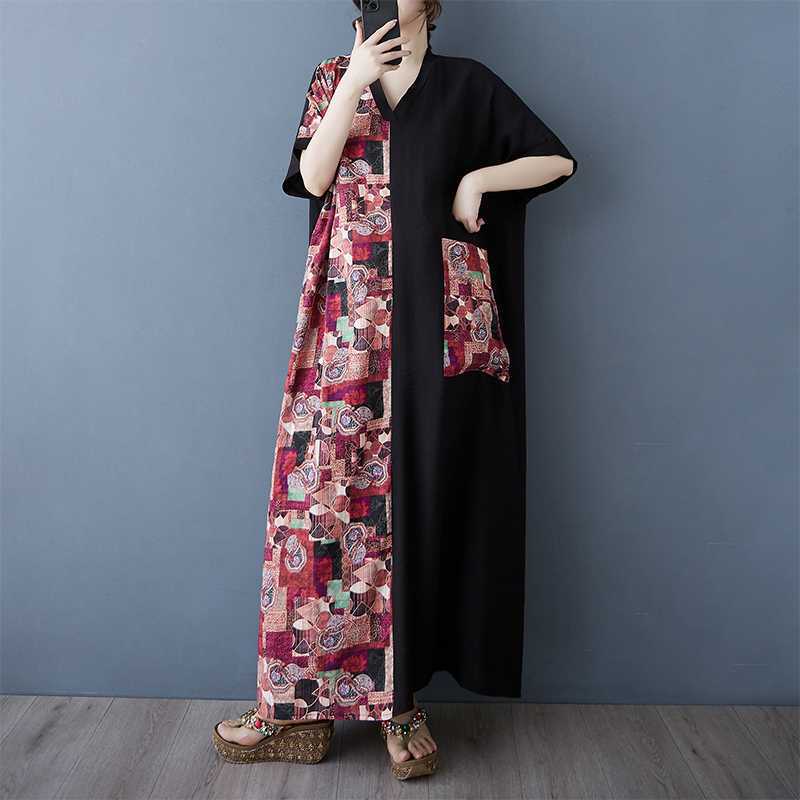 Color Patchwork Black Long Dress Retro Robe