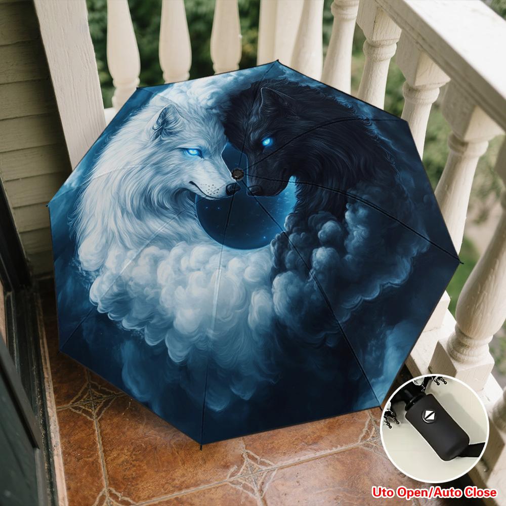 

1pc Elegant Yin Yang Wolves In Clouds Print Travel Umbrella | Compact Folding Automatic Open/Close Parasol with Portable and D (as the picture,Iron&8K)