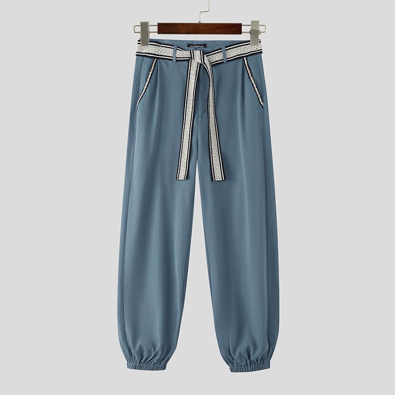 INCERUN Men Autumn Embroidery Belt Zip-up Waist Stitching Long Harem Pants Trousers