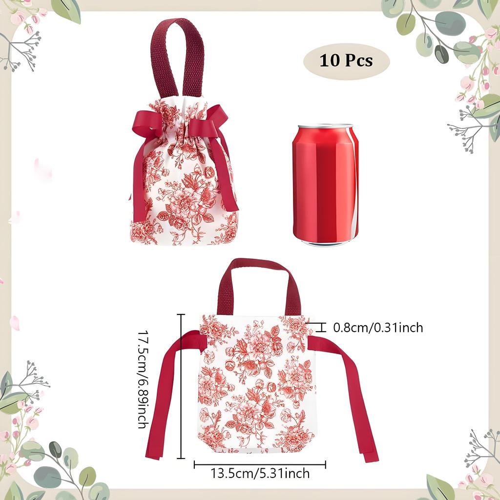 10er-Pack florale Kordelzug-Geschenktüten | Elegante Hochzeits- und Geburtstags-Gastgeschenktaschen | 17,5x13,5 Zoll Canvas-Teeparty-Tragetaschen
