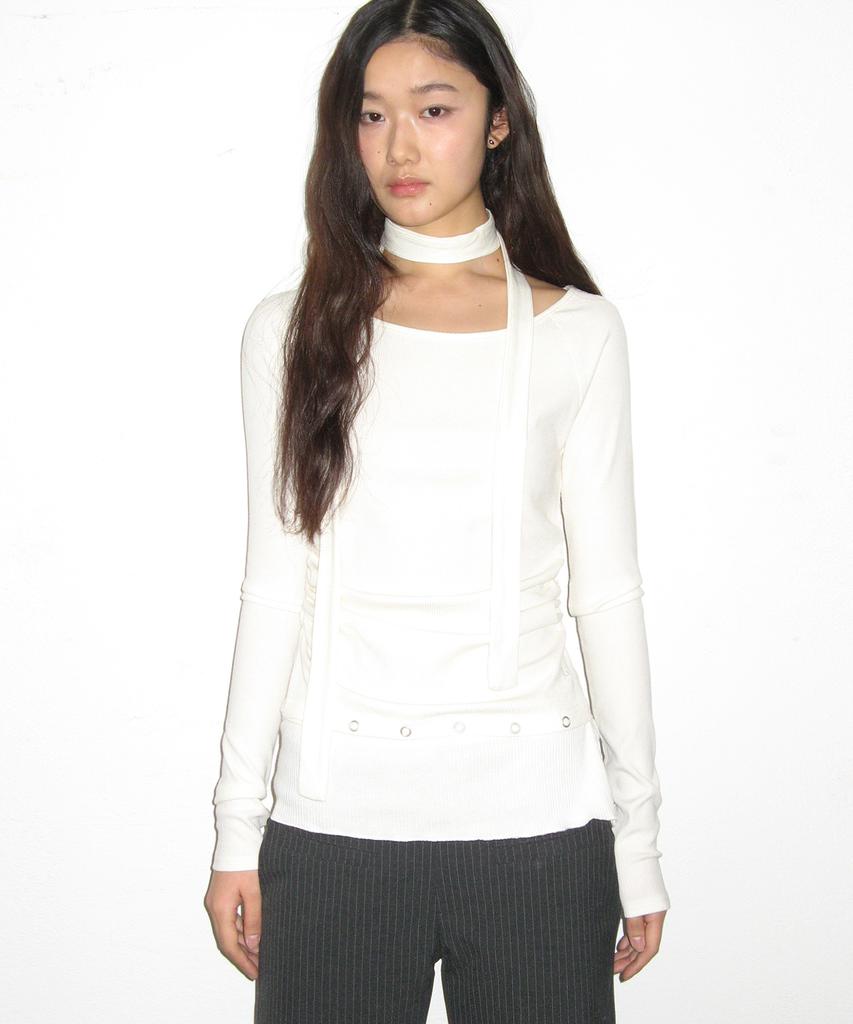 PLACE STUDIO Boat U-Neck Detachable Eyelet Contrast Scarf Set Long Sleeve T-Shirt _3 Colors