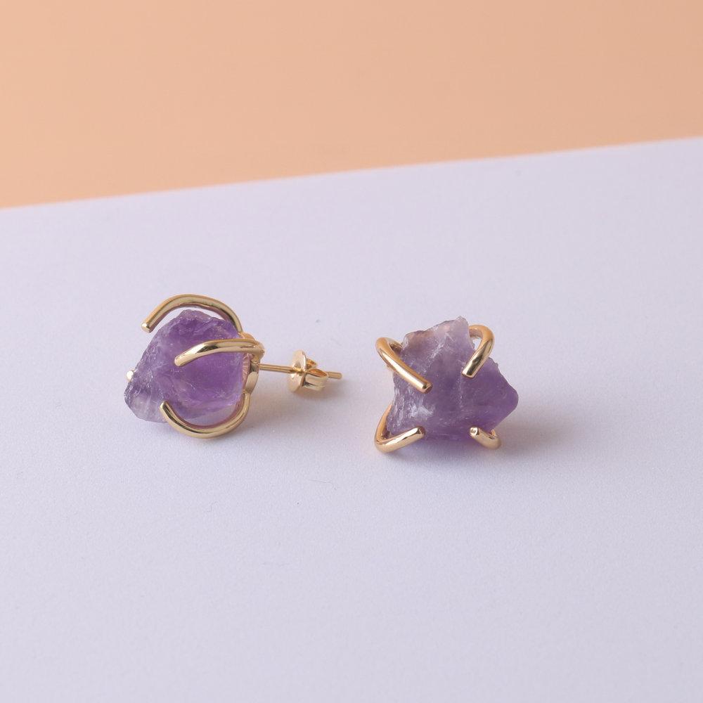 Natural Gemstone Earrings for Women - 18K Gold Plated Raw Amethyst and Rose Quartz Healing Crystal Stud Earrings