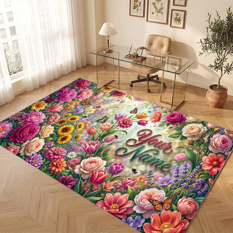 Floral Garden Theme Soft Crystal Velvet Rug Custom Name & Text Print Non Slip Floor Rug for Bedroom Living Room