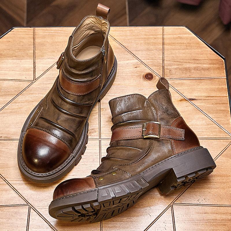 Botas de Motociclista Punk Feitas à Mão Botas Chelsea de Couro Masculinas Botas Martin Britânicas Botas de Ferramenta de Couro de Vaca