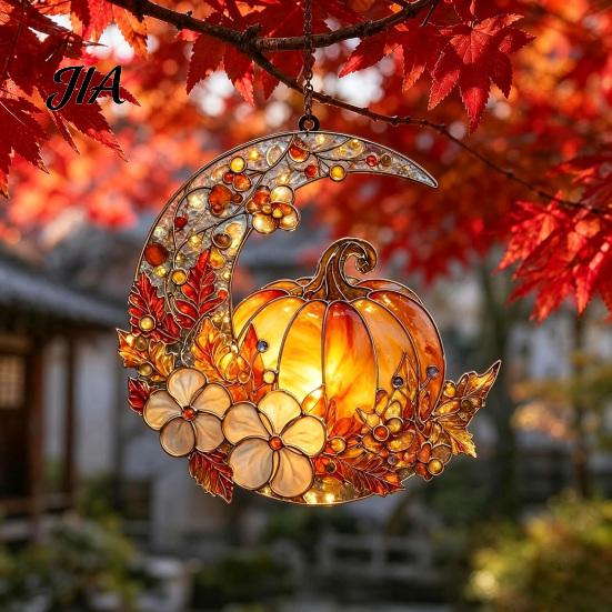 Romantic Autumn Home Wall Decor Stained Glass Pumpkin Moon Suncatcher, Acrylic Crescent Window Hanging with Halloween Thanksgiving Decorative Ornament