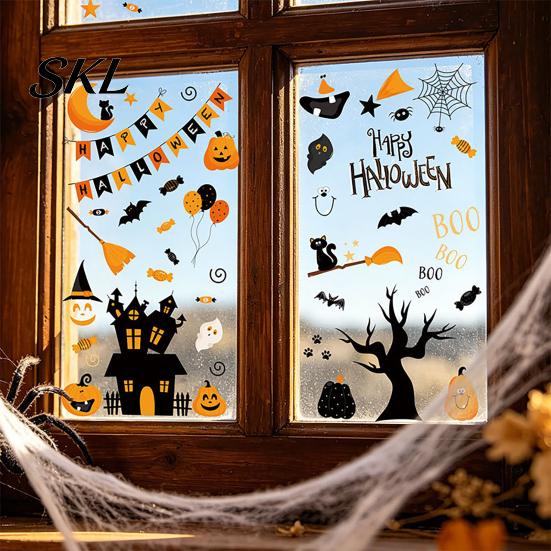 Bright Color Halloween Decals 4 Sheets Electrostatic Glass Stickers, Cartoon Pumpkins Castle Bats Window Stickers PVC Waterproof Static Clings