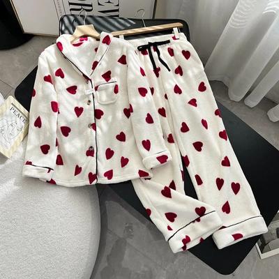 Autumn and Winter Thick Pajamas Women's 2-Piece Set Heart Shape Flannel Soft Homewear Button Long Sleeve Pajamas Pajamas Homewear