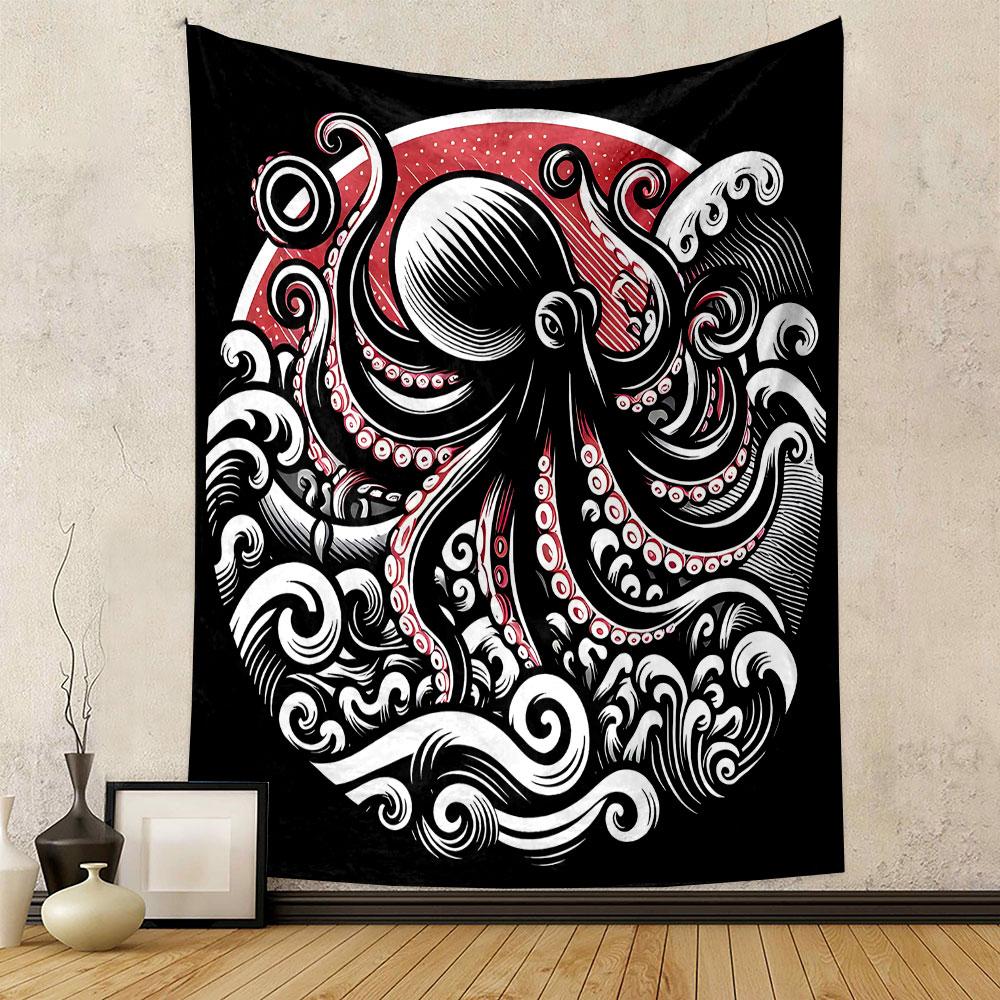 Octopus and Ocean Waves Illustration Patterned Tapestry Decorative Wall Hanging, Home Bedroom Living Room Decor