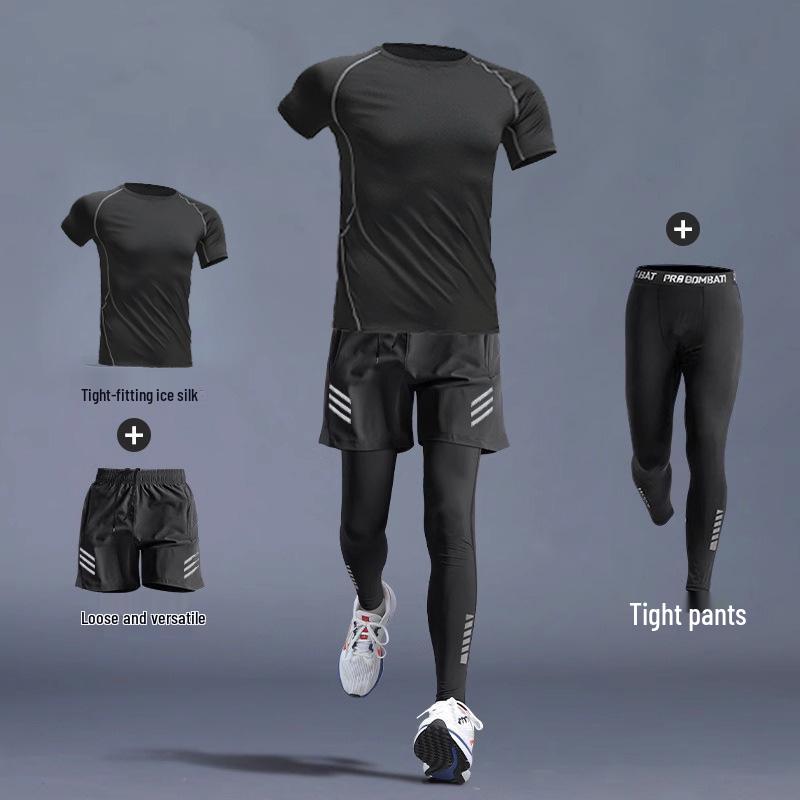 Men's Quick-Dry Sports Set: Gym Vest, Tight Long Sleeve, Morning Run & Cycling Suit