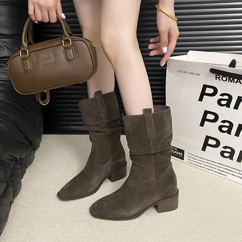 Huge Good-looking Pointed Mouth Piled Boots Short Boots Women's Thick Heel Brown Boots Thin and Tall Western Knight Boots