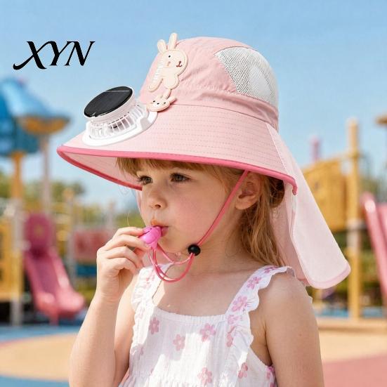 Summer Hat With Built-in Fan Kids Sun Cap with Solar Fan, Wide Brim Protection Cooling Children Neck Cover Hat, Breathable Mesh Fabric Cartoon