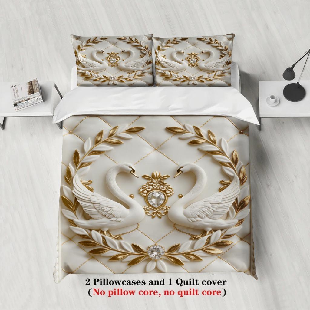 Elegant Swan Embroidered Bedding Set White Gold Swans And Leaves Pattern Royal Bedding With Duvet Cover Pillowcases For Bedroom