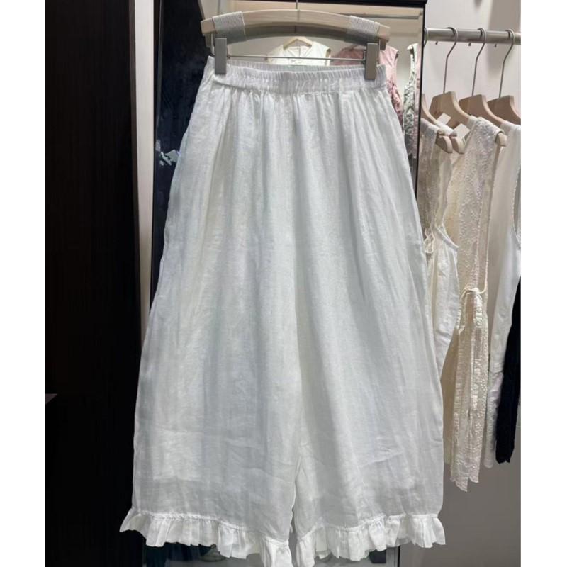 Johnature Lace Pants Loose Wide-Leg Pants For Women Summer Casual Simple Elastic Waist Nine-Part Pants