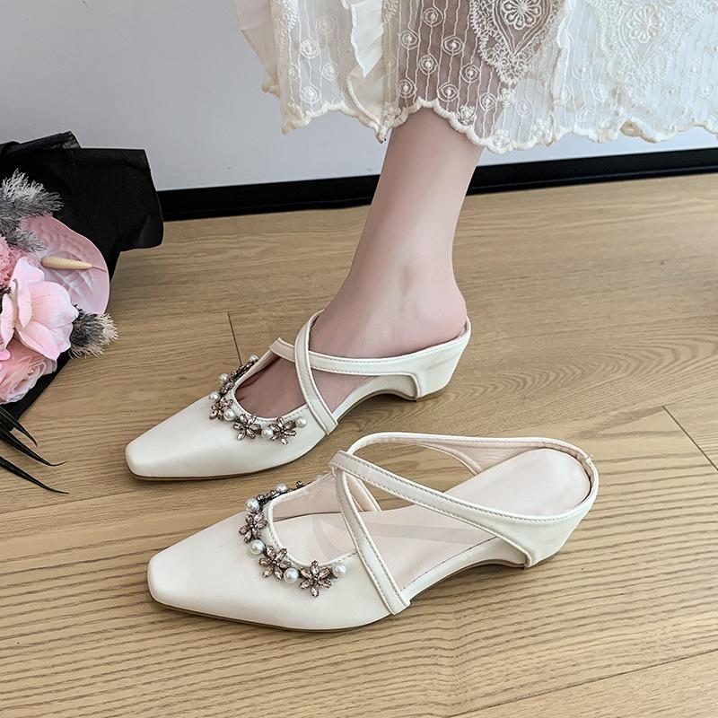 Fashion Flat Inside Heightener Slippers Autumn New Square Toe Shallow Slip Rhinestone Buckle Cross Strap Hollow-out Wrapped Shoes