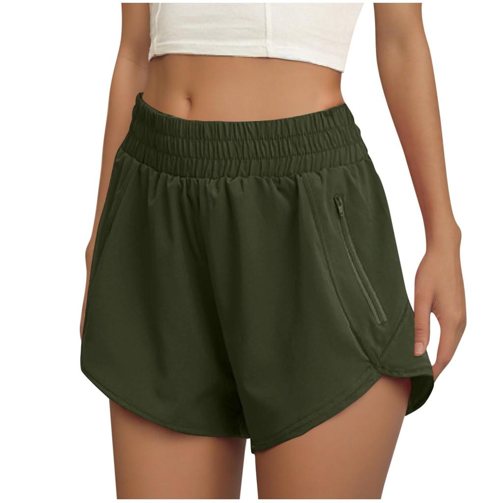 Women's Athletic Shorts High Waisted Running Solid Shorts With Zip Pocket Workout Shorts