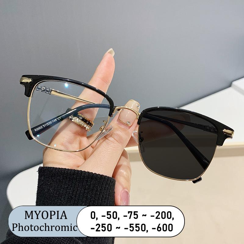 Brand Optical Women Prescription Square Eyebrows Frame Anti Blue Light Myopia Glasses Photochromic Eyeglasses Alloy