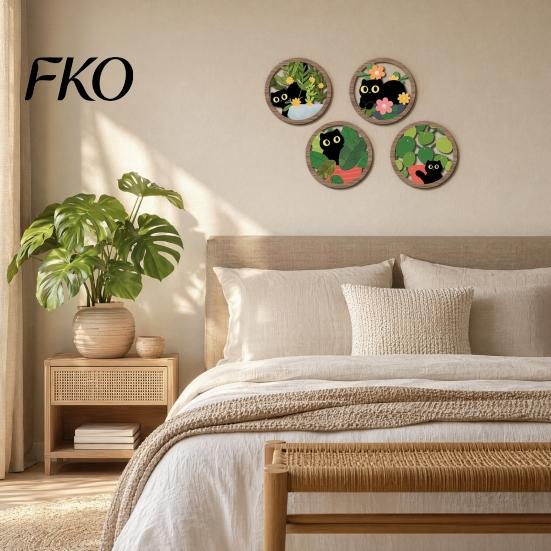 Retro Black Cat Wall Piece 4PCS Sign, with Warm Grain Texture Wood Art, Scratch-Resistant Rounded Corner Wooden Art Home Decor, Nordic Style