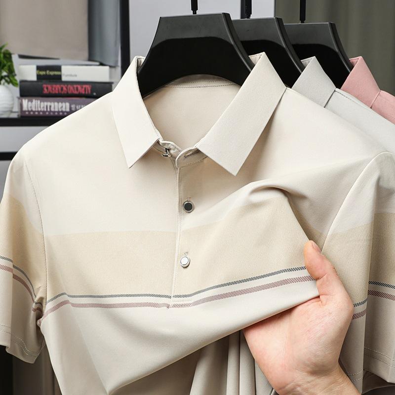 

Мужская футболка с коротким рукавом из ледяного шелка на лето, тонкая, модная, дышащая, полосатая, с воротником. 4XL бежевый