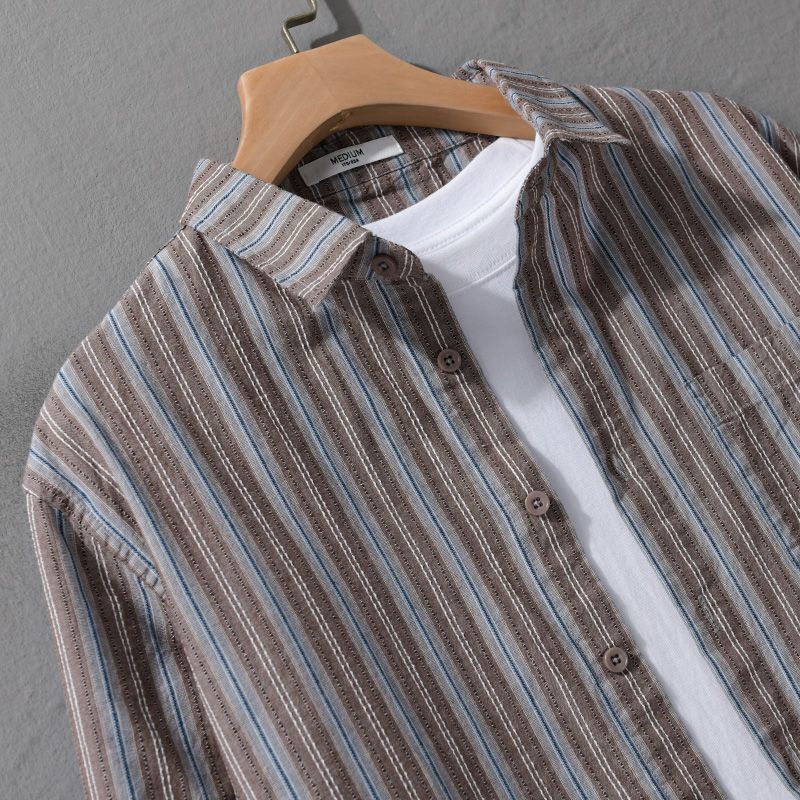 Japanese Fresh and Retro Men Long-sleeved Striped Shirt In Autumn New Style and Versatile Loose and Comfortable Jacket