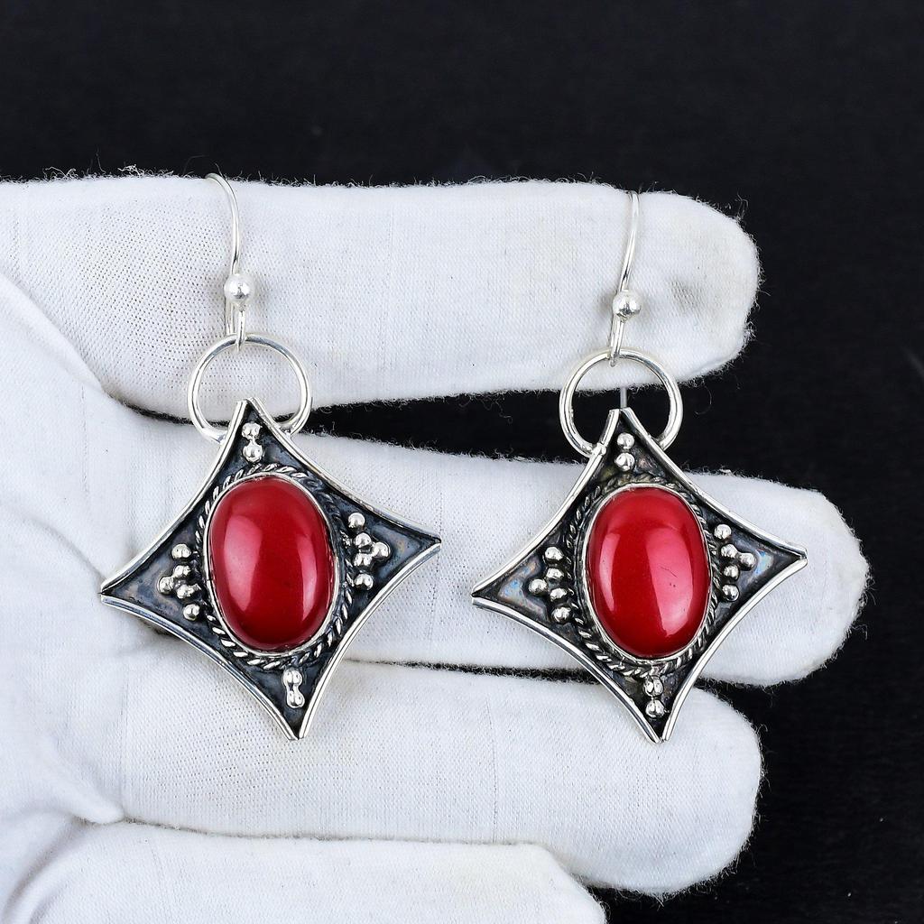 Orecchini Antichi in Pietra di Corallo Rosso Naturale Argento Sterling 925, Orecchini Pendenti Gioielli in Argento Boho, Regali Per Regali di Matrimonio Per Lei