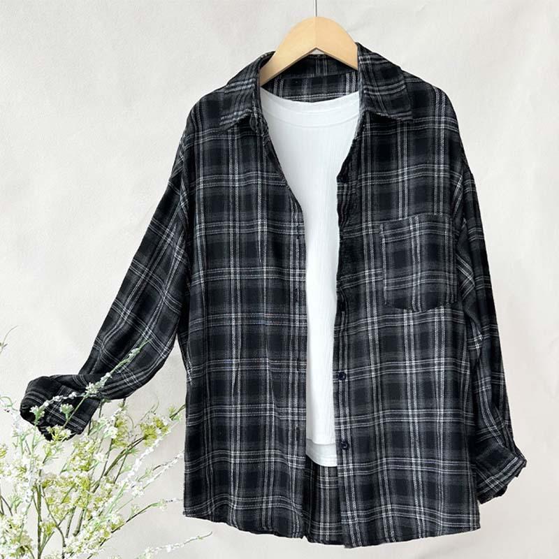 Frühling und Herbst neues Retro-Langarm-Freizeithemd Koreanischer Temperament fauler Stil lockeres und dünnes Revers kariertes Hemd